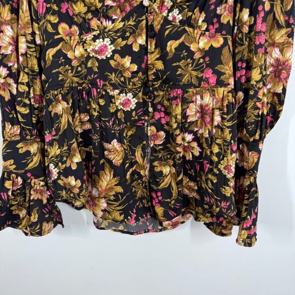 Anthropologie Button Front Peplum Hem Black Floral Ruffle Cuff Blouse Size Small - Picture 6 of 13